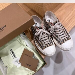 Burberry Beige and Black Striped Canvas Sneakers